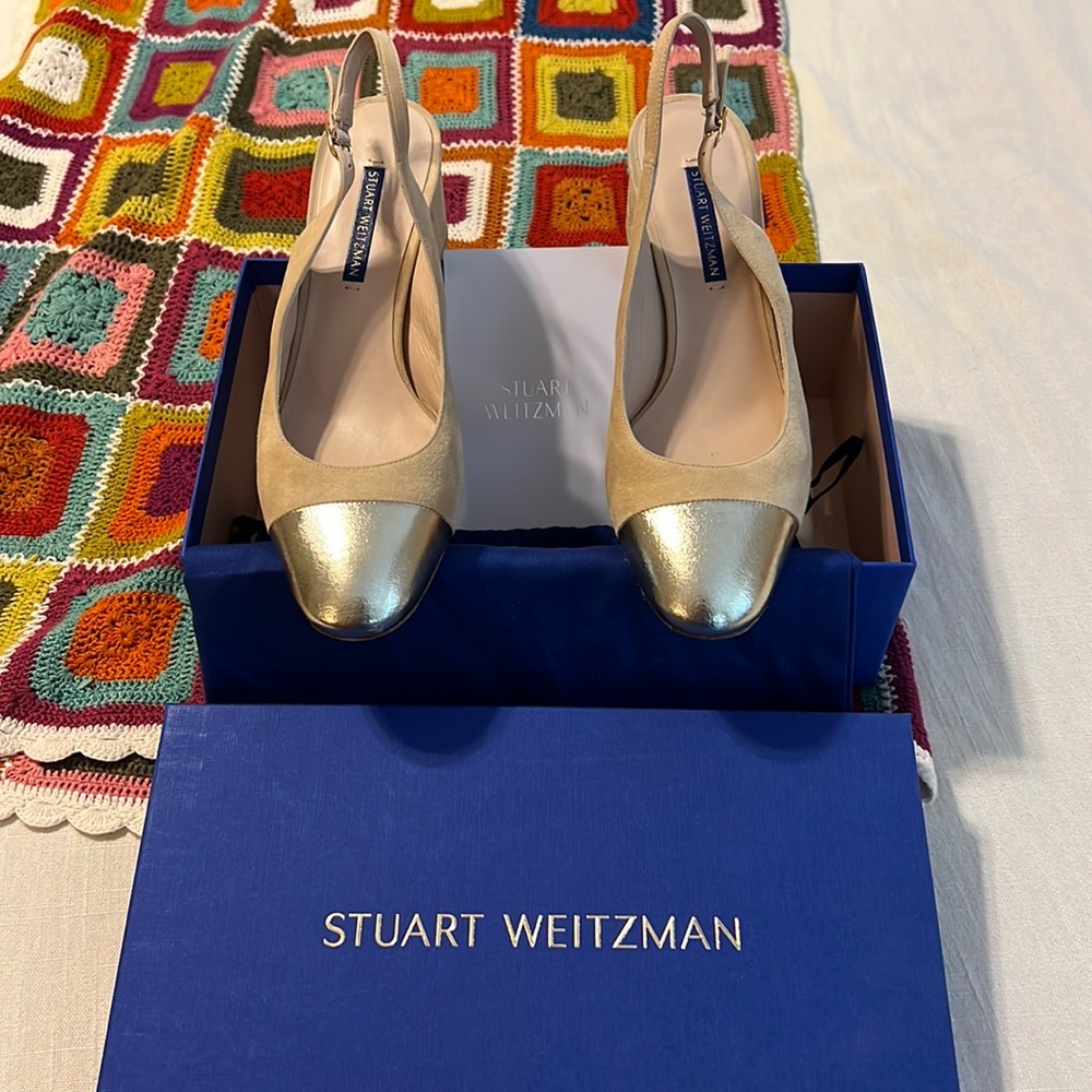 Stuart Weitzman Loraina suede with metallic cap toe sling back pumps